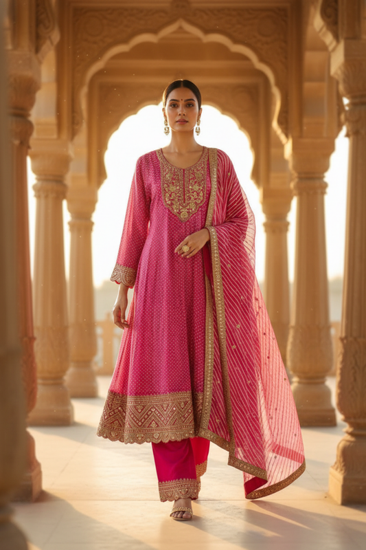 Timeless Elegance Rani Chinon Readymade Suit And Pant With Chinon Dupatta