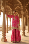 Soft As A Sunrise Coral Crepe Readymade Sharara Set With Chinon Dupatta