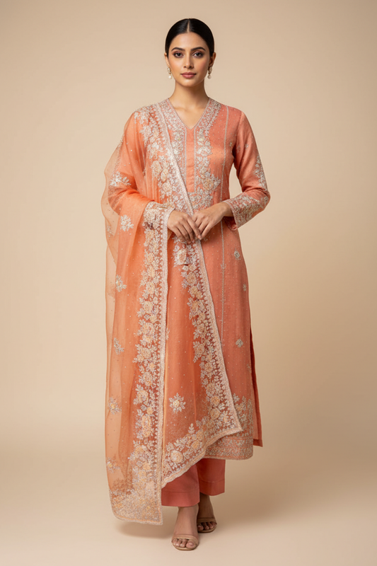Gajari Organza Unstitched Salwar Suit With Organza Dupatta