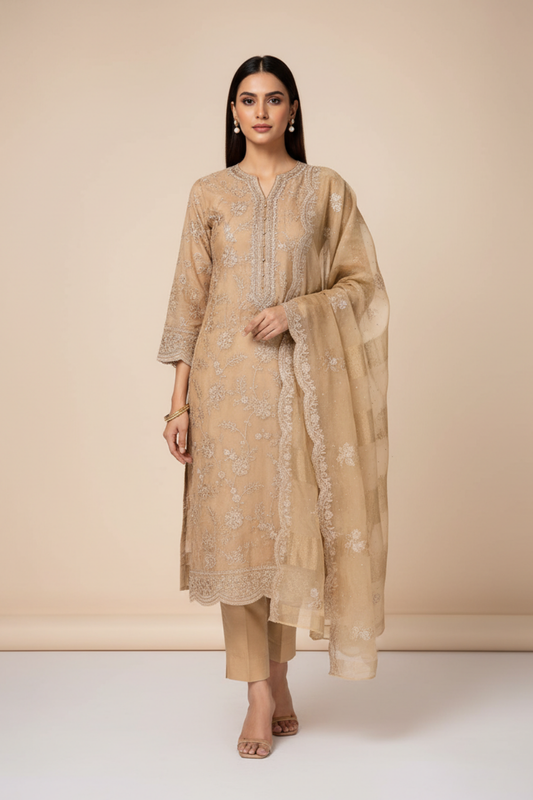 Tussar Organza Unstitched Salwar Suit With Tissue Dupatta