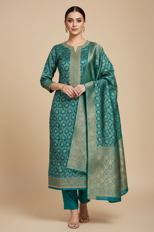 Rama Cotton Unstitched Salwar Suit With Cotton Dupatta