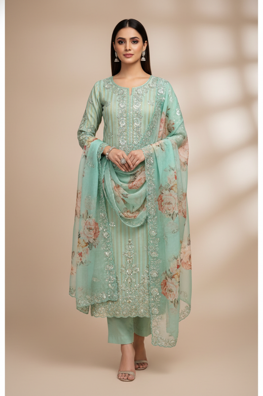 Tea Green Organza Unstitched Salwar Suit With Organza Dupatta