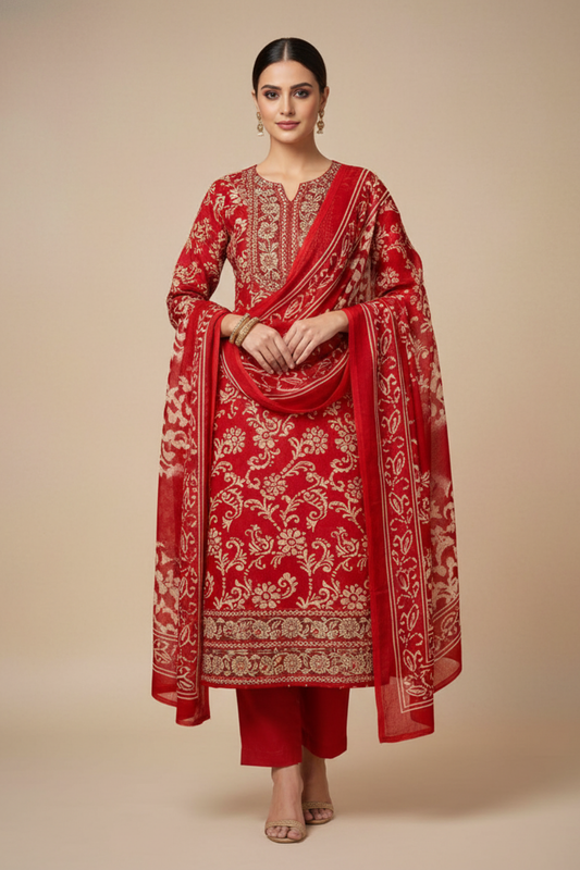 Maroon Pashmina Unstitched Salwar Suit With Cotton Dupatta