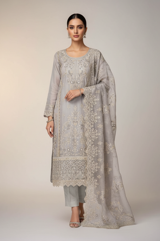 Grey Organza Unstitched Salwar Suit With Organza Dupatta