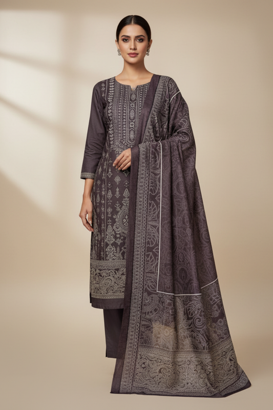 Matelic Mauve Pashmina Unstiched Salwar Suit With Pashmina Dupatta