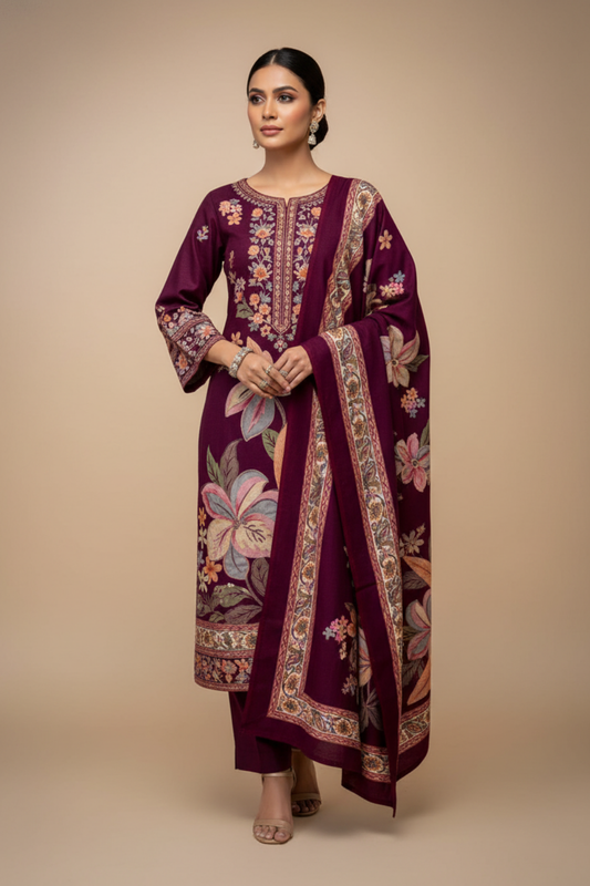 Garnet Pashmina Unstitched Salwar Suit With Pashmina Dupatta