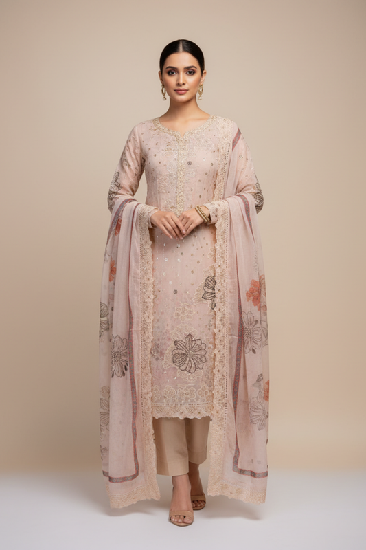 Peach Georgette Unstitched Salwar Suit With Chiffon Dupatta