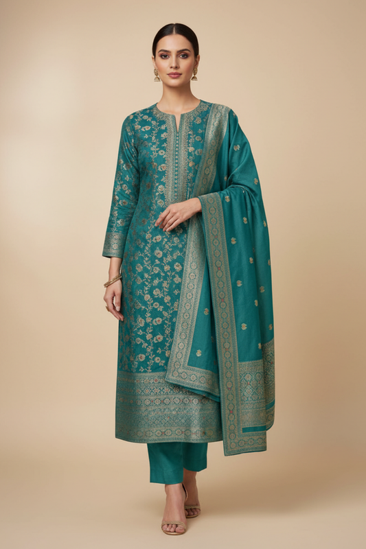 Mint Green Pashmina Unstitched Salwar Suit With Pashmina Dupatta