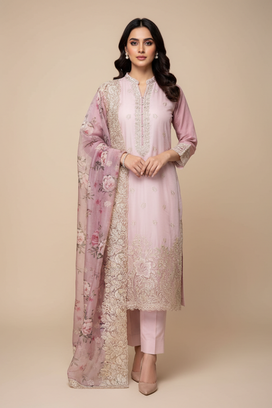Onion Organza Unstitched Salwar Suit With Organza Dupatta