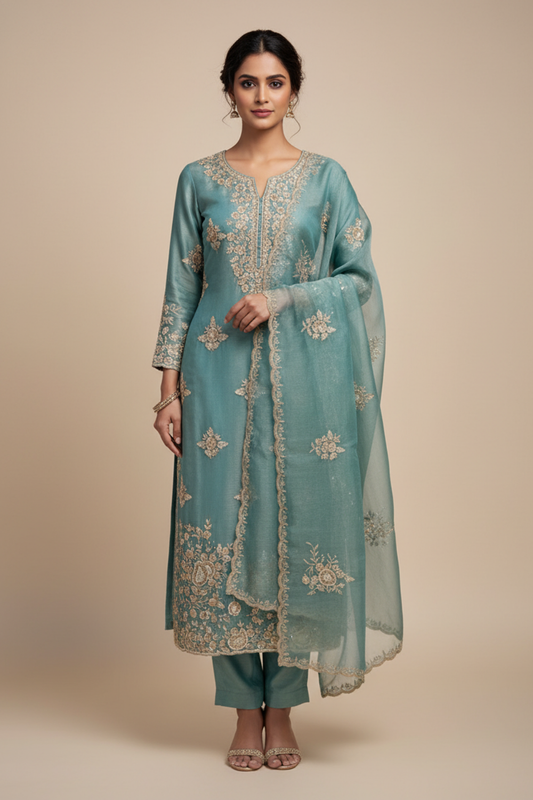 Mint Green Organza Unstitched Salwar Suit With Organza Dupatta