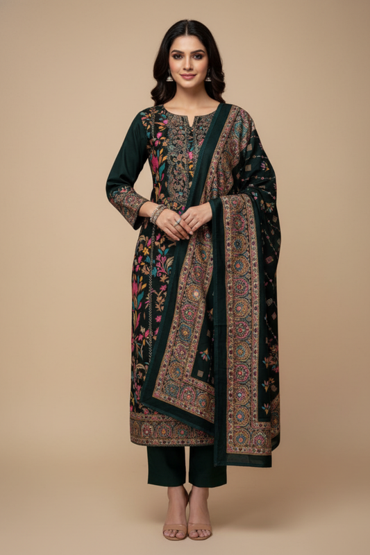 Bottle Green Pashmina Unstitched Salwar Suit With Cotton Dupatta