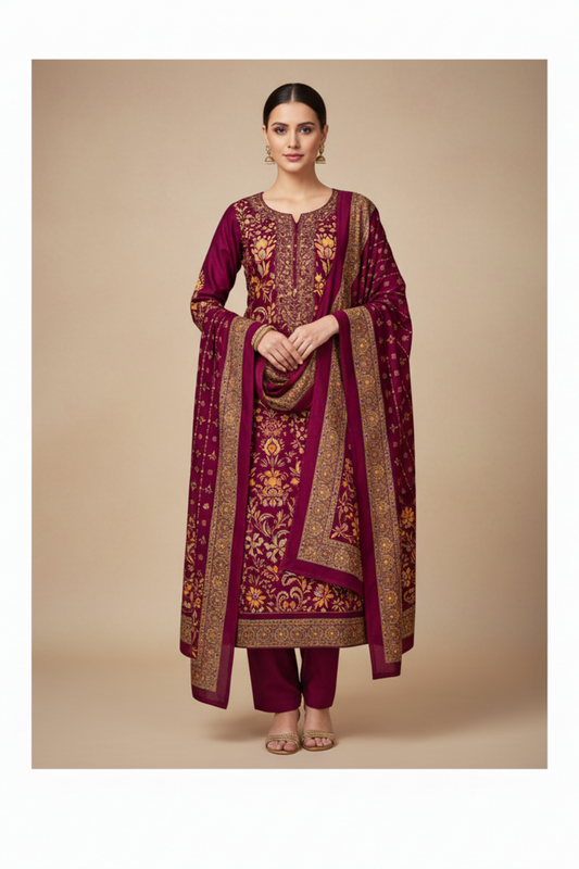 Garnet Pashmina Unstitched Salwar Suit With Cotton Dupatta