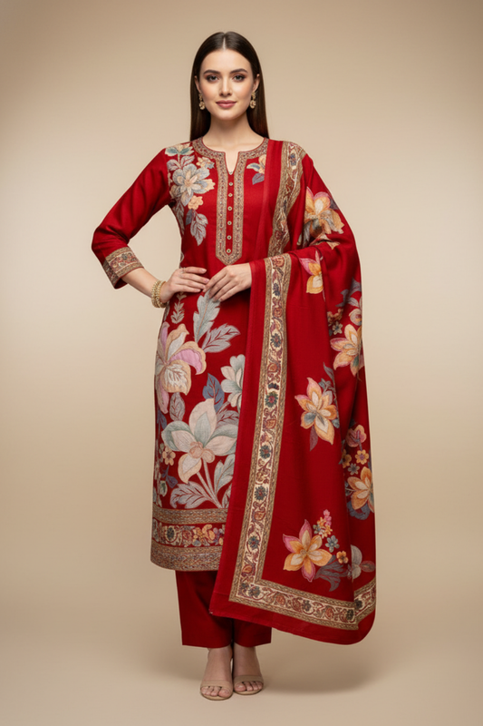 Maroon Pashmina Unstitched Salwar Suit With Pashmina Dupatta