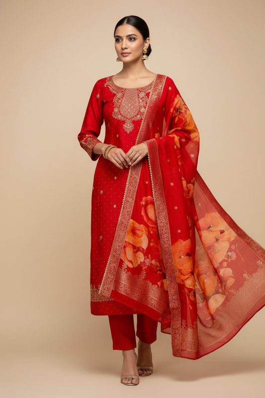 Red Dola Unstitched Salwar Suit With Dola Dupatta