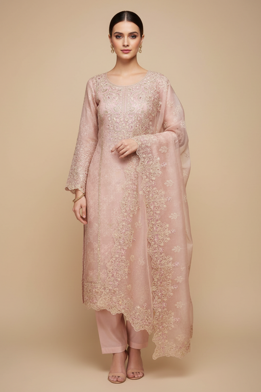 Peach Organza Unstitched Salwar Suit With Organza Dupatta
