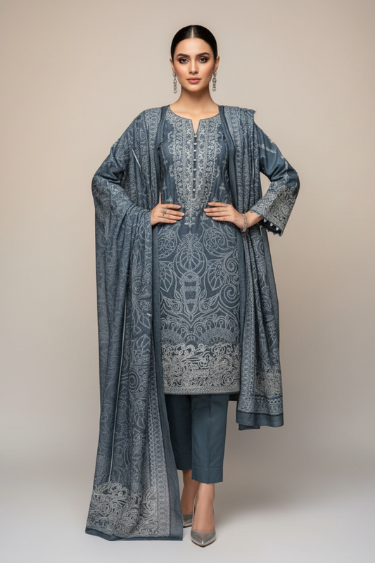 Grey Pashmina Unstitched Salwar Suit With Pashmina Dupatta