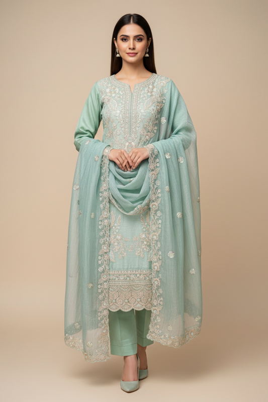Pista Organza Unstitched Salwar Suit With Organza Dupatta