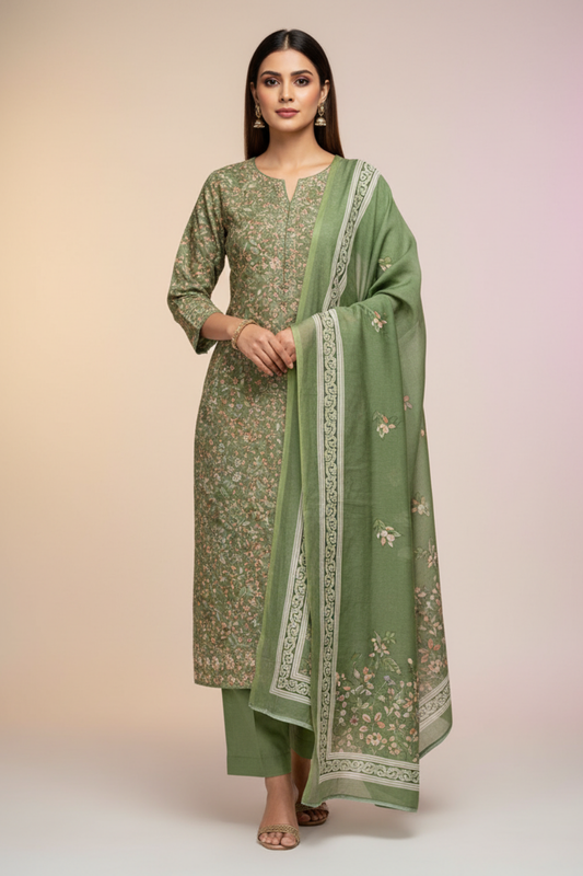Pista Pashmina Unstitched Salwar Suit With Cotton Dupatta