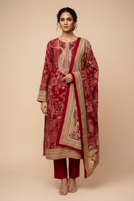 Maroon Pashmina Unstitched Salwar Suit With Pashmina Dupatta