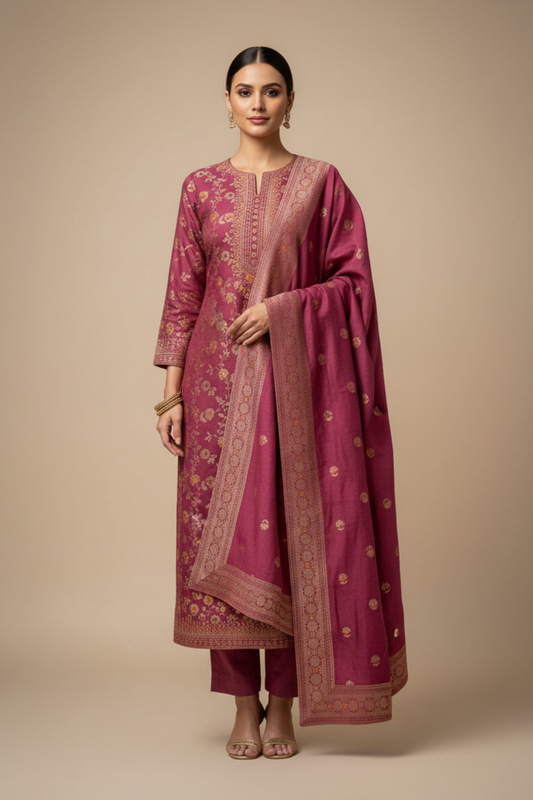 Dark Gajari Pashmina Unstitched Salwar Suit With Pashmina Dupatta