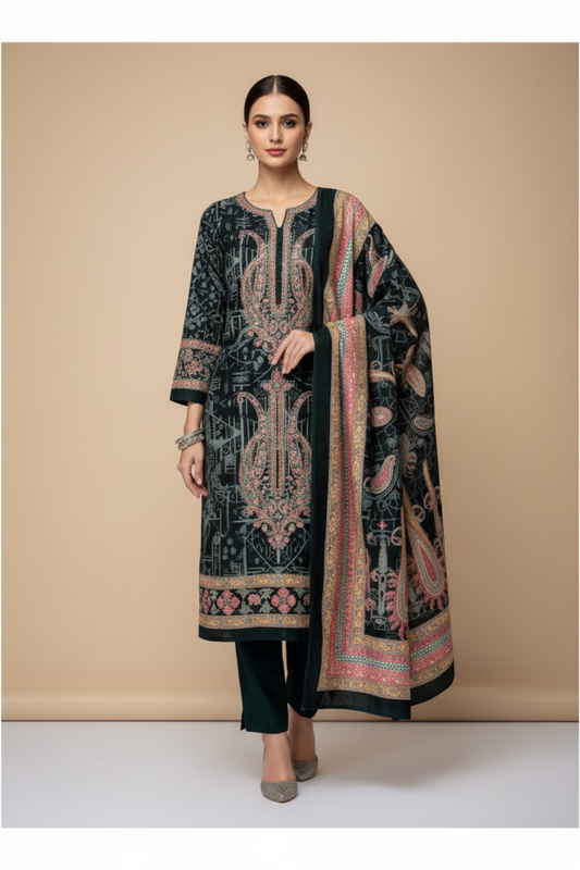 Peacock Pashmina Unstitched Salwar Suit With Pashmina Dupatta