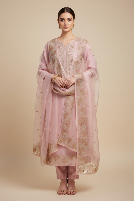 Pink Organza Unstitched Salwar Suit With Organza Dupatta