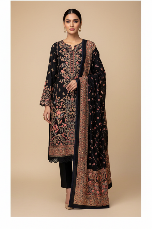 Navy Blue Pashmina Unstitched Salwar Suit With Cotton Dupatta