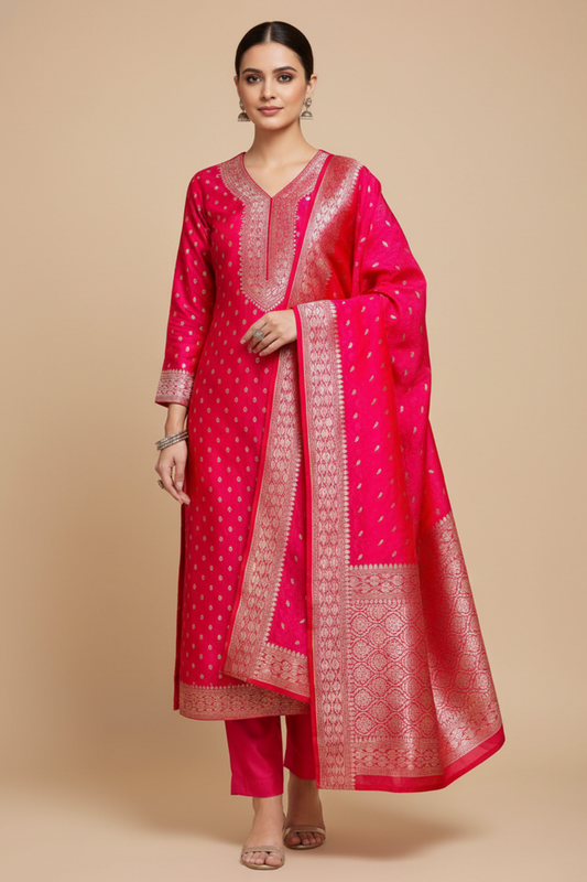 Rani Banarasi Silk Unstitched Salwar Suit With Silk Dupatta