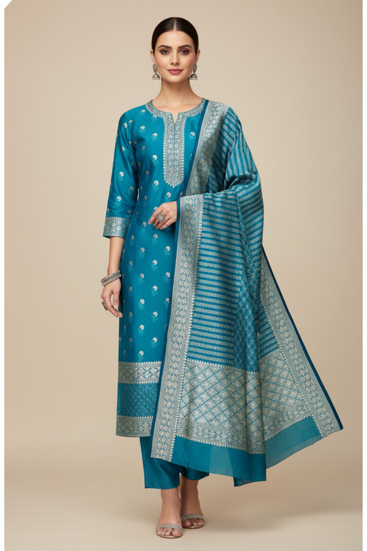 Rama Banarasi Silk Unstitched Salwar Suit With Silk Dupatta