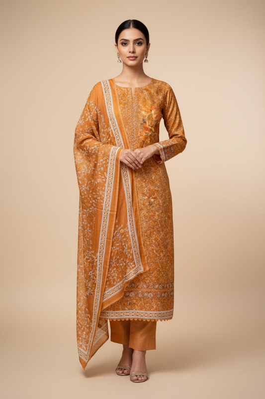 Mustard Pashmina Unstitched Salwar Suit With Cotton Dupatta