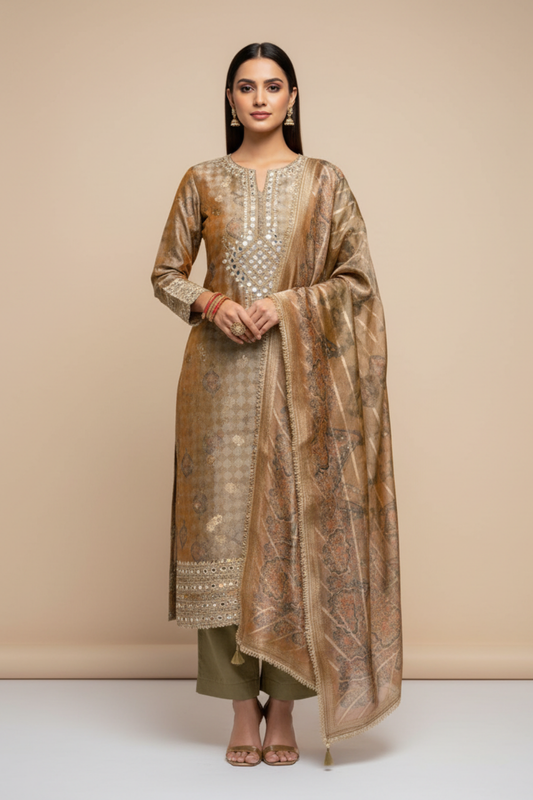 Mustard Organza Unstitched Salwar Suit With Organza Dupatta