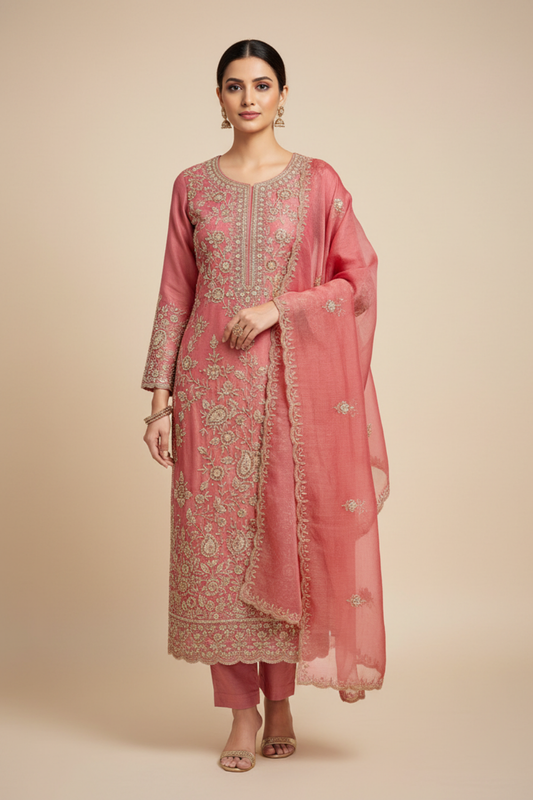 Gajari Organza Unstitched Salwar Suit With Organza Dupatta