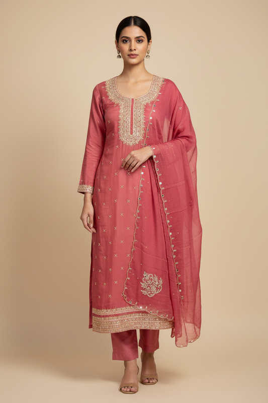 Delicate And Dreamy Dark Gajari Crepe Unstitched Salwar Kameez With Chiffon Dupatta
