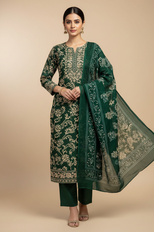 Bottle Green Pashmina Unstitched Salwar Suit With Cotton Dupatta
