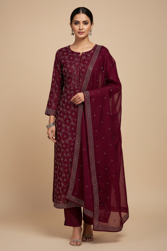 Garnet Organza Unstitched Salwar Suit With Organza Dupatta
