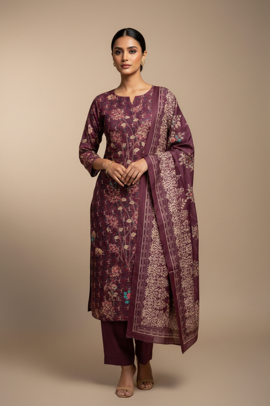 Onion Pashmina Unstitched Salwar Suit With Pashmina Dupatta