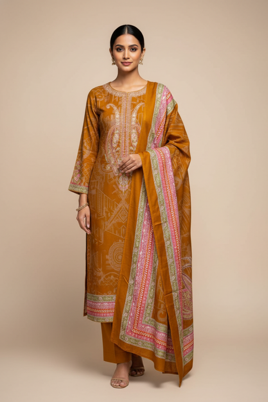 Mustard Pashmina Unstitched Salwar Suit With Pashmina Dupatta