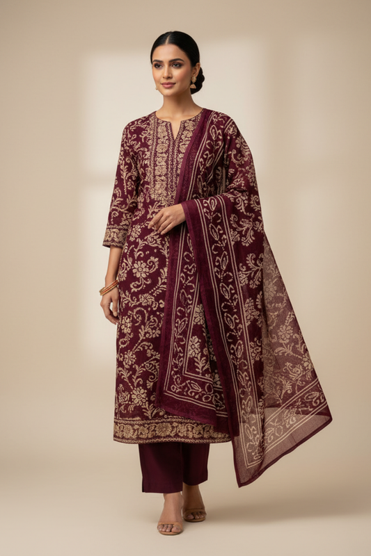 Garnet Pashmina Unstitched Salwar Suit With Cotton Dupatta