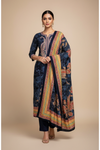 Navy Blue Pashmina Unstitched Salwar Suit With Pashmina Dupatta