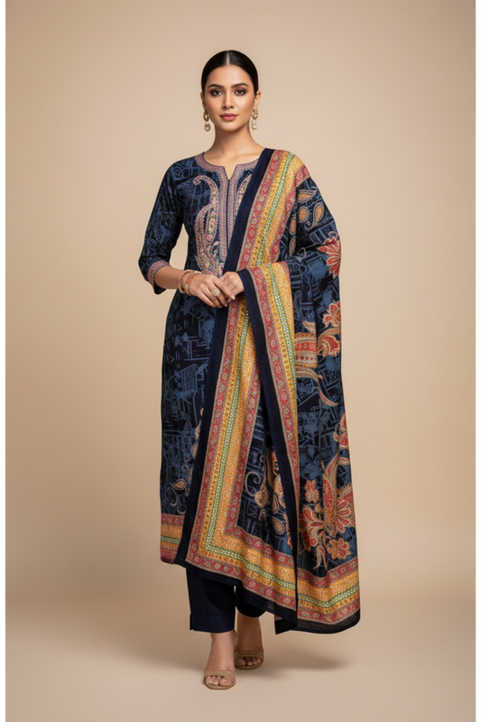 Navy Blue Pashmina Unstitched Salwar Suit With Pashmina Dupatta