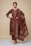 Brown Pashmina Unstitched Salwar Suit With Pashmina Dupatta