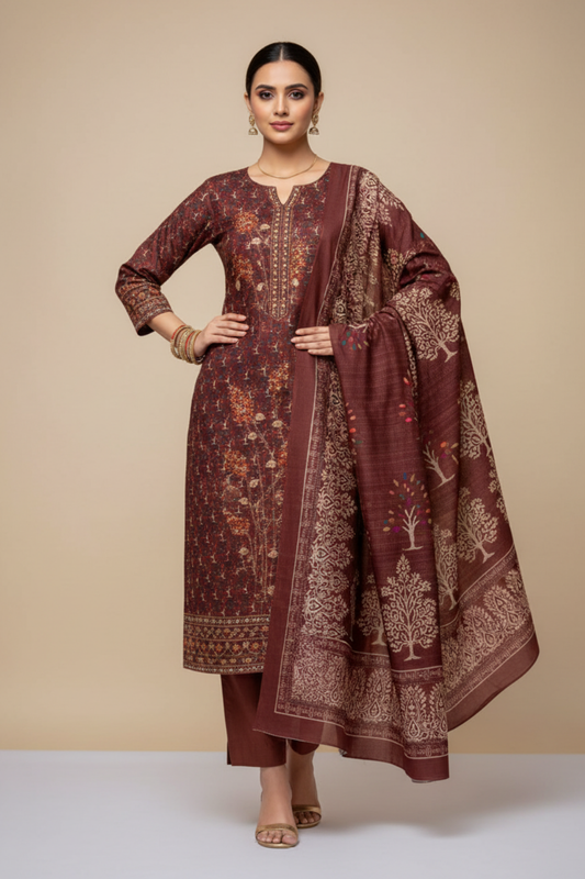 Brown Pashmina Unstitched Salwar Suit With Pashmina Dupatta