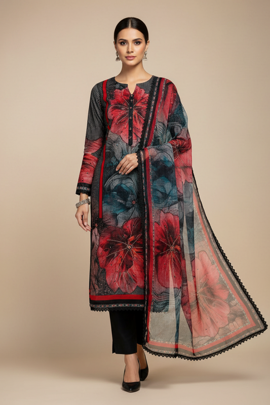 Black Organza Unstitched Salwar Suit With Chiffon Dupatta