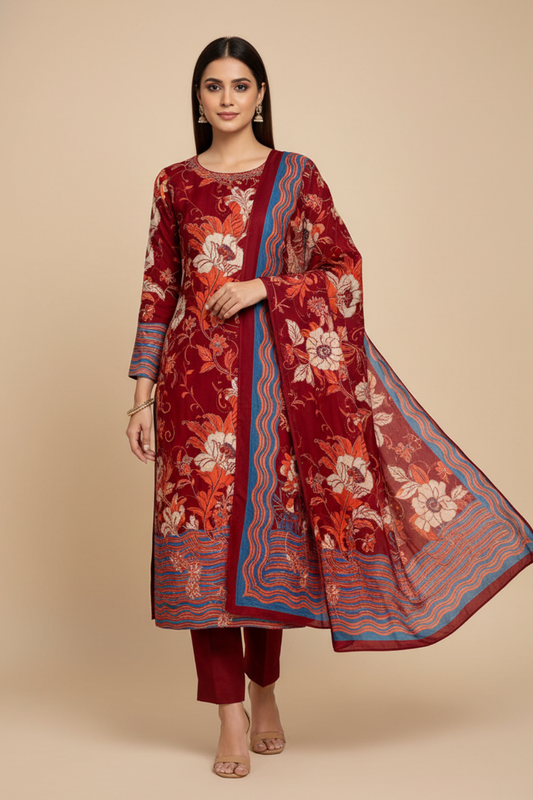 Maroon Pashmina Unstitched Salwar Suit With Pashmina Dupatta