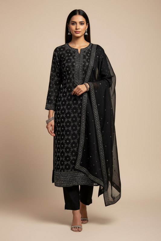 Black Organza Unstitched Salwar Suit With Organza Dupatta