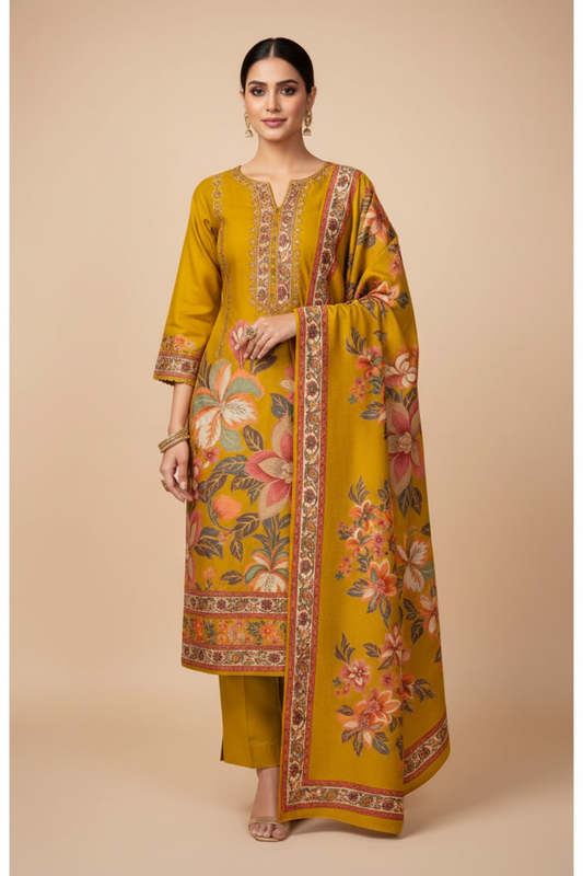 Mustard Pashmina Unstitched Salwar Suit With Pashmina Dupatta