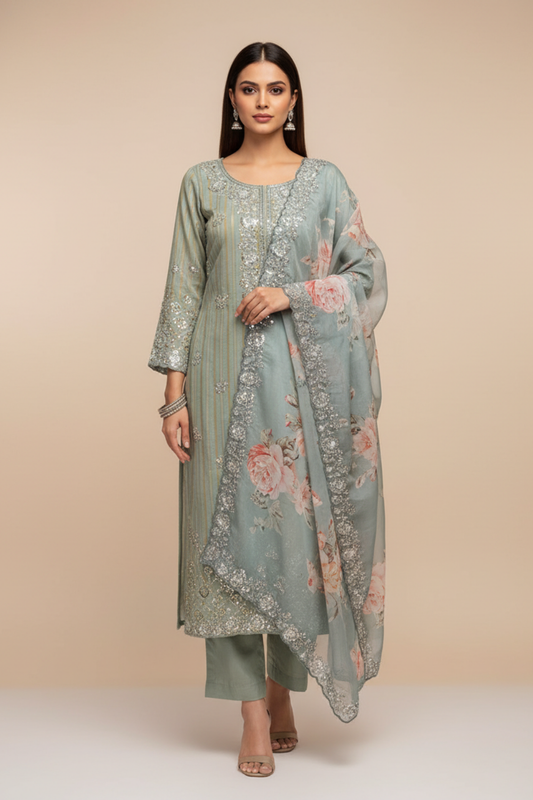 Olive Organza Unstitched Salwar Suit With Organza Dupatta