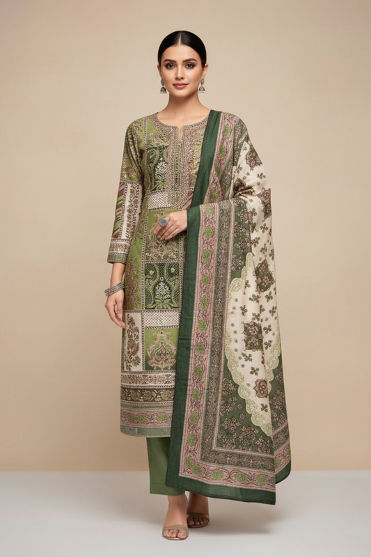 Tussar Pista Pashmina Unstitched Salwar Suit With Pashmina Dupatta