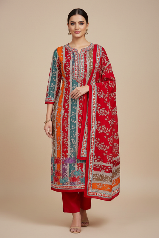 Red Pashmina Unstitched Salwar Suit With Pashmina Dupatta