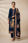 Navy Blue Pashmina Unstitched Salwar Suit With Pashmina Dupatta